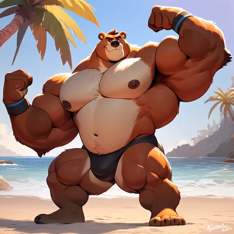 huge muscular kodiak bear in beach, big hulking flex, grunting noise, kodiak bear, huge white fur, thick arm, huge arm, added thigk colored brown mustache, added thick colored brown beard. Short hair, (veiny muscular, pectoral, wide pectoral, thick arms), ...