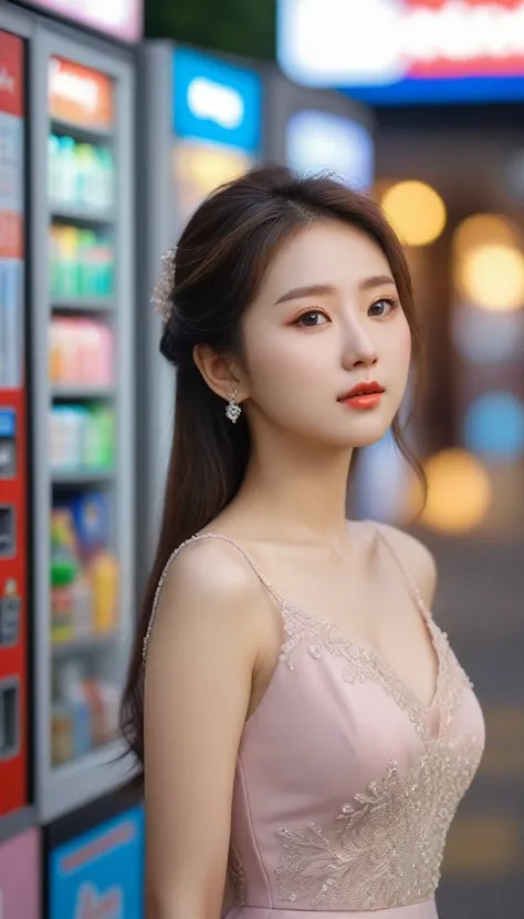   close-up of a beautiful Korean woman, , bust size 34 inches , Wear a dress,   next to the vending machine. , Im on a lane  , , bokeh background , UHD 