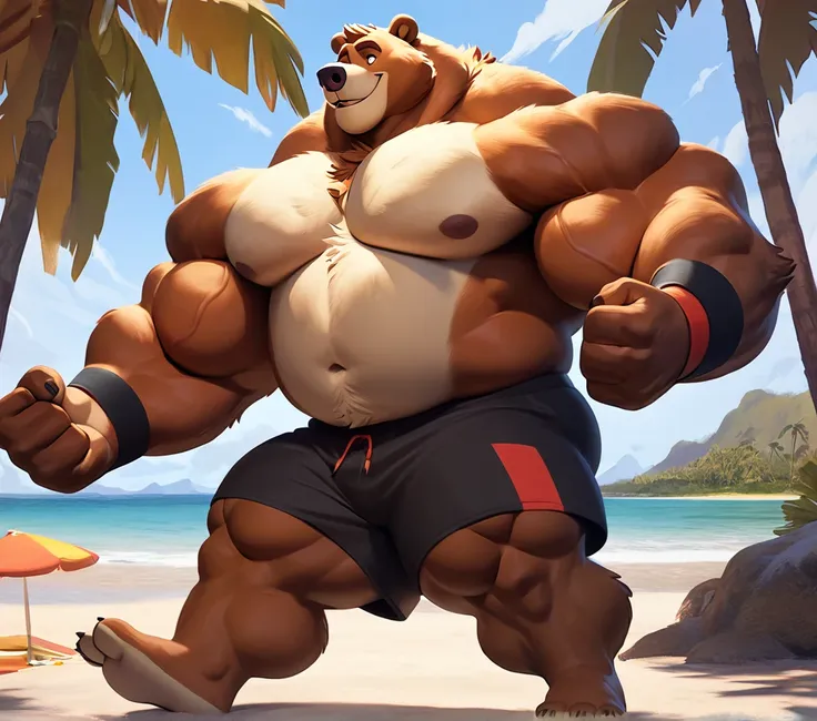 huge muscular kodiak bear in tropical island beach, big grr, kodiak bear, huge brown fur, thick arm, huge arm, huge white fur, t...