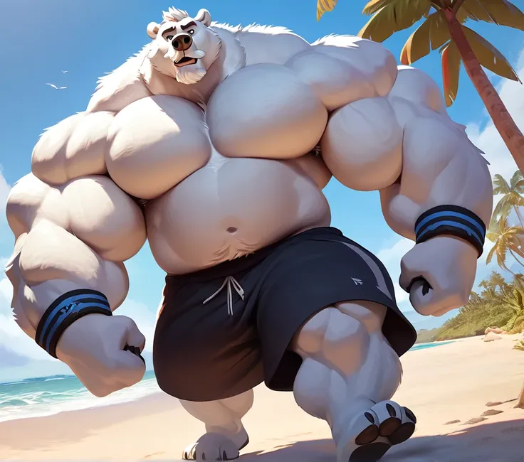 huge muscular polar bear in tropical island beach, big grr, polar bear, huge white fur, thick arm, huge arm, huge white fur, thi...