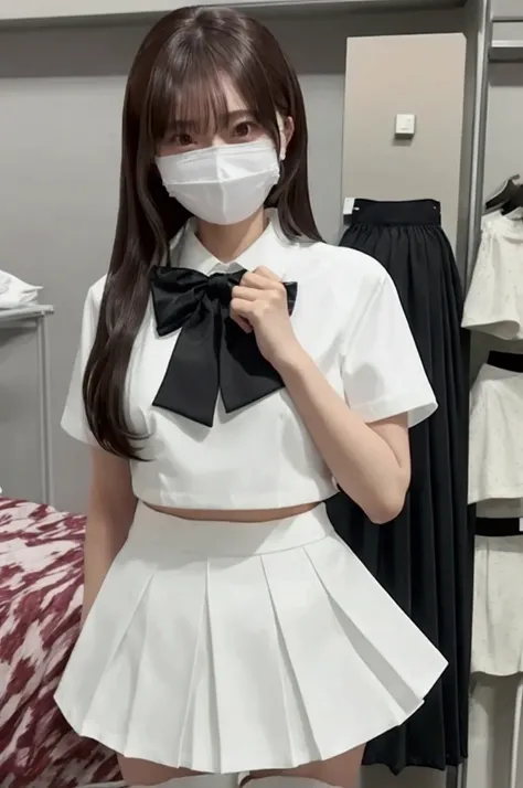  GRAVURE IDOL POSES 　Hotel　bed　uniform　 white shirt 　High image quality　Bust size is D cup　 black mini skirt 　Shorten your skirt　Beautiful Hair　Height: 153cm　smile　 mask in the department store basement
