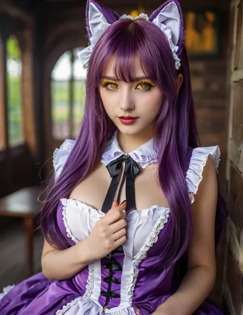 Fox Girl, Fuchsohren, Foxtail, Fangzahn,  Very long hair , purple hair , yellow eyes, UHD, High details,  high quality,  Heart Shaped Hair Accessories, Sexy Lolita Dress 