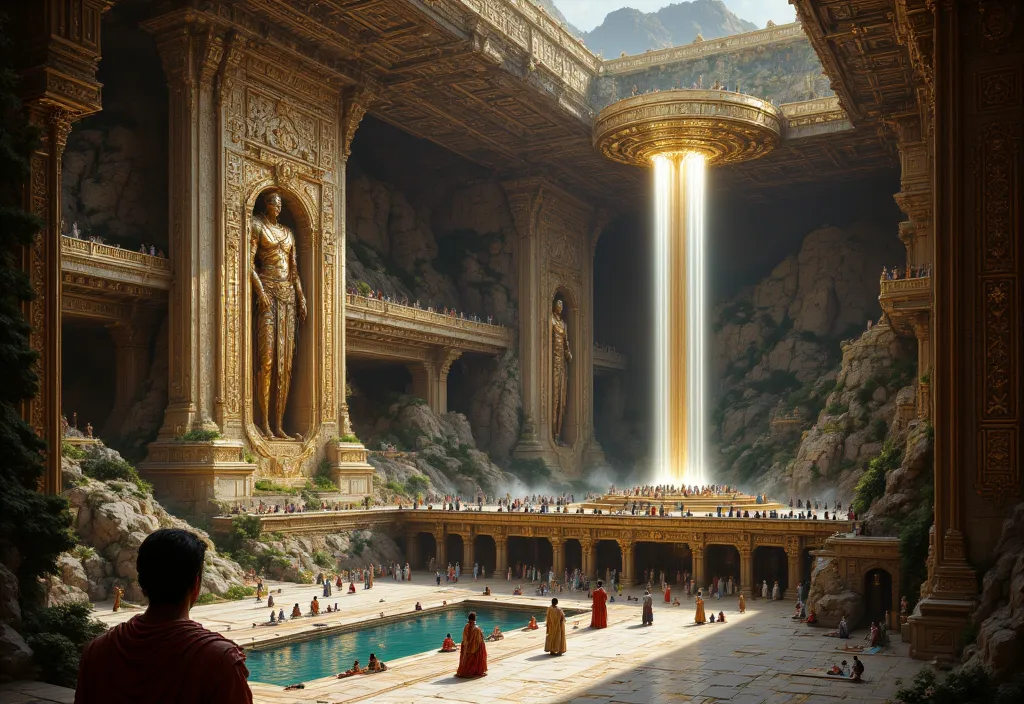 grand painting capturing a majestic, ancient indian palace hall with multiple attic pools fed by cascading waterfalls. the scene...