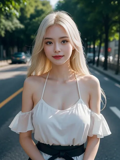  of the best quality ， great work ， ultra-high resolution，（Realism：1.4），RAW Photographer，1 girl，Open shoulders，Long white hair，chest，Very big breasts，Face Highlighting，pure，woman，Flushing，18 years old，A smiling 18-year-old girlfriend，pure，ผู้pure，（ of the ...