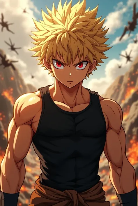 anime muscular blond guy short hair red eyes 
