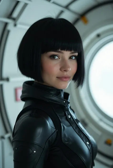 Portait of a  young russian woman  with immaculate makeup, smiling, in an a bright white  airlock wearing a black biomechanical spacesuit.   , severe black bobbed hair cut with bangs, fringe.