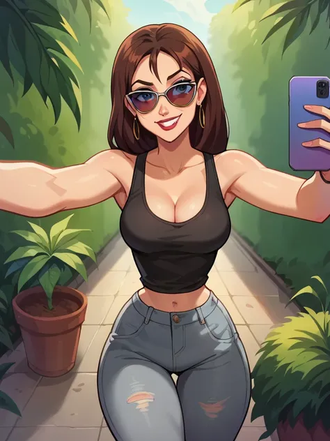 score_9, score_8_up, score_7_up, score_6_up, screencap, 1990s style, JanePorterXLP, long hair, in new York, black tank top, grey jeans, cleavage, curvy, medium breasts, narrow waist, thick thighs, looking at viewer, cartoon, seductive smile, vegetation, st...