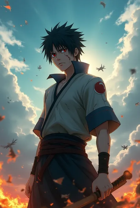 1 image + Logo MKS In this hyper-realistic close-up image, Sasuke Uchiha stands alone on a desolate, celestial battlefield, his lean and battle-worn form visible through torn, weathered attire that reveals the toll of countless fights. His subtle, cold exp...