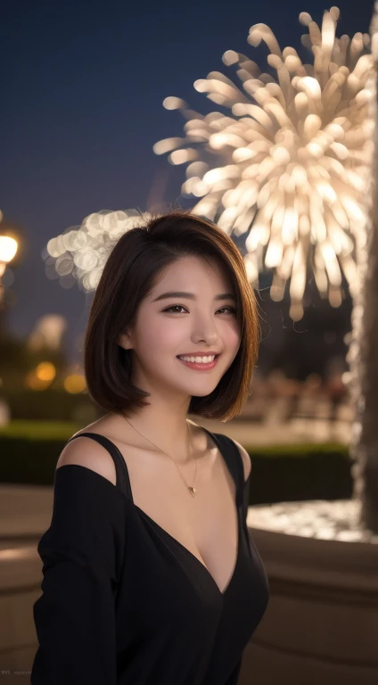 ((Night scene, Realistic lighting,  of the best quality , 8k,  masterpiece, : 1.3)), 1 girl,   slim body beauty : 1.4,  brown hair, (: 1.3), Off-Shoulder Cut Top: 1.3,  very fine face , Detailed Eyes,  double eyes , Disneyland, fountain, castle, fireworks,...