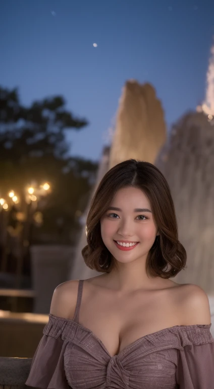 ((Night scene, Realistic lighting,  of the best quality , 8k,  masterpiece, : 1.3)), 1 girl,   slim body beauty : 1.4,  brown hair, (: 1.3), Off-Shoulder Cut Top: 1.3,  very fine face , Detailed Eyes,  double eyes , Disneyland, fountain, castle, fireworks,...