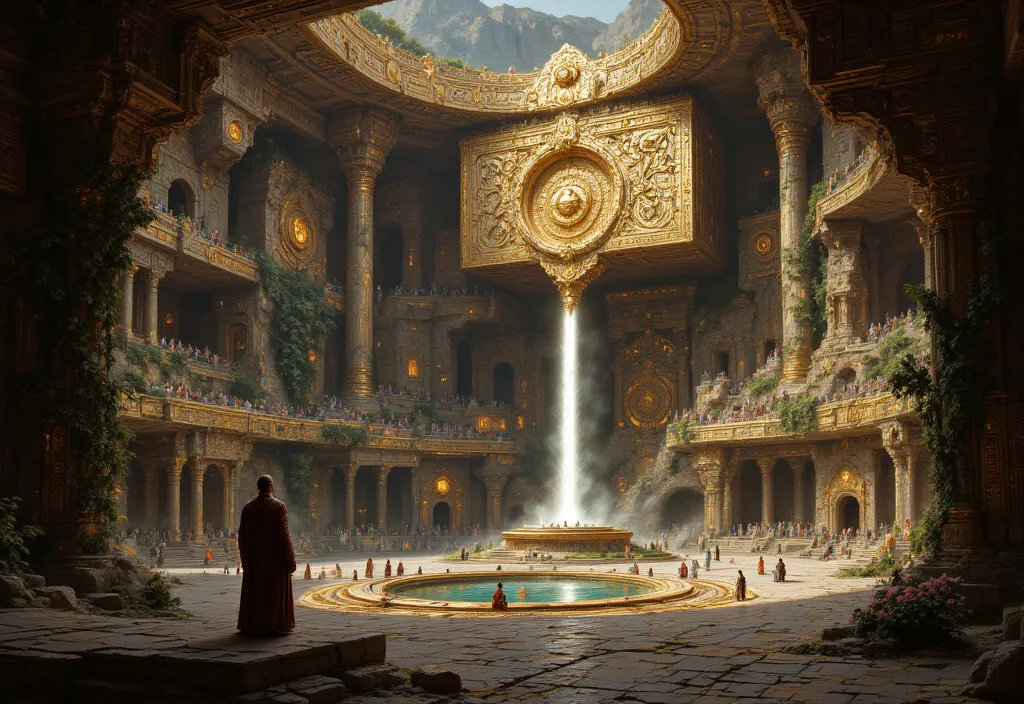 grand painting capturing a majestic, ancient indian palace hall with multiple attic pools fed by cascading waterfalls. the scene...