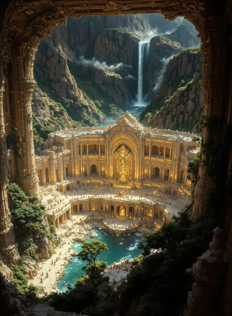 grand painting capturing a majestic, ancient indian palace hall with multiple attic pools fed by cascading waterfalls. the scene...