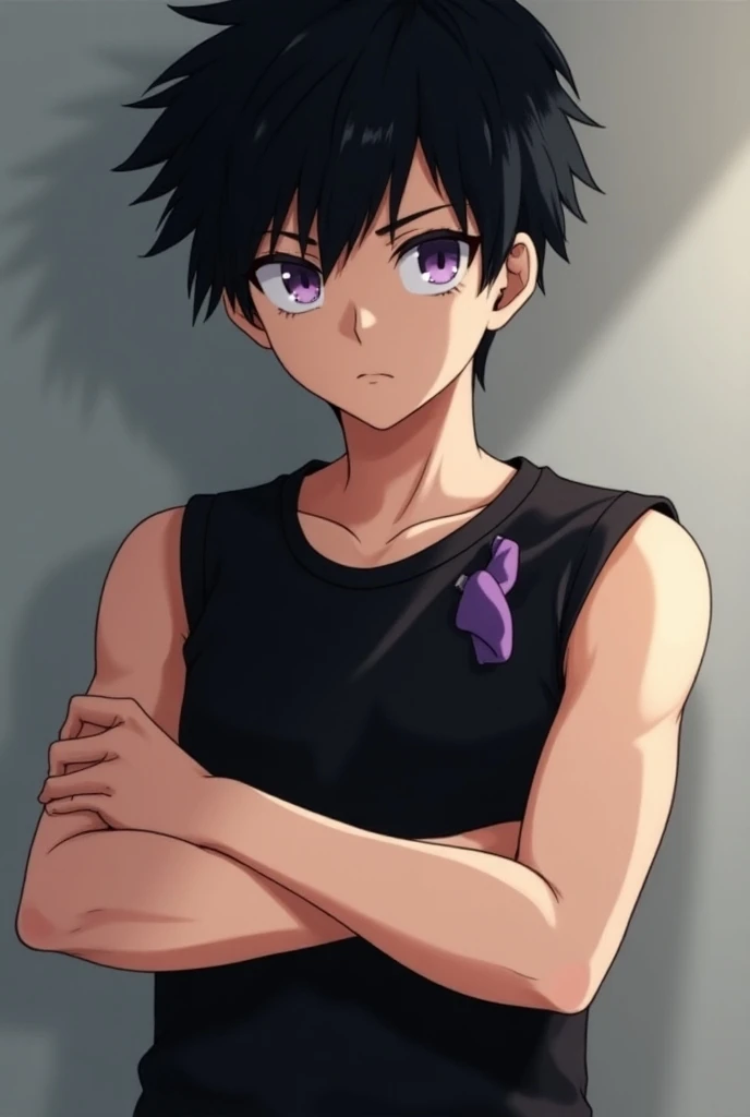  Character from Bnha crossed arms,  Short black hair , man,  with a sleeveless t-shirt, delgado, teenagers , black t-shirt attached ,  purple eyes 