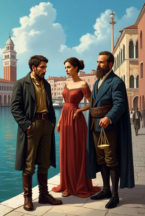 "Create a realistic illustration featuring the main characters from The Merchant of Venice by William Shakespeare:

1. Antonio: The melancholic merchant, standing thoughtfully by the waterfront, reflecting his financial troubles and deep friendship.


2. B...