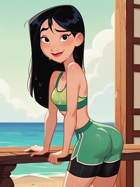 score_9, score_8_up, score_7_up, score_6_up, mulanxlp, screencap, disney, smile, asian, chinese girl, green sport bra, bike shor...