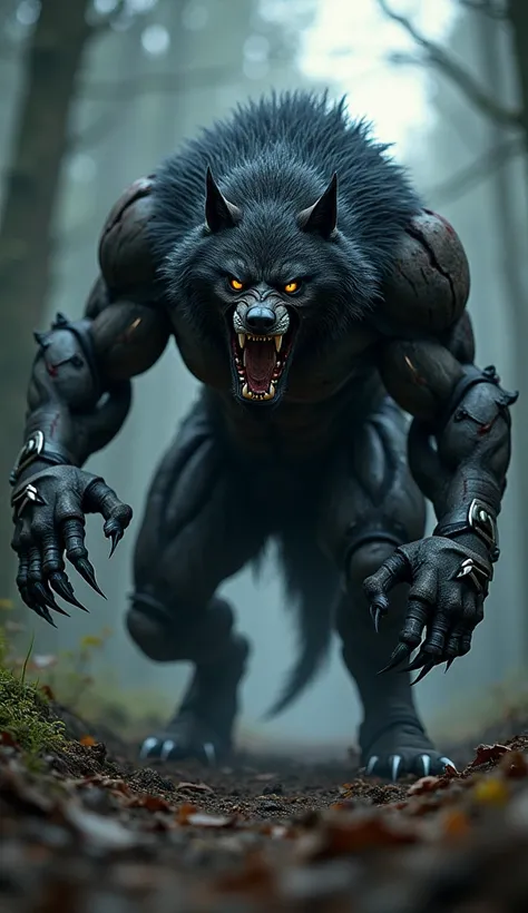 A savage hybrid creature combining a wolf and Wolverine, channeling both wild ferocity and a menacing strength. The creature has the muscular, dark-furred body of a massive wolf, with intense, glowing yellow eyes and sharp fangs. Its upper body has the hum...