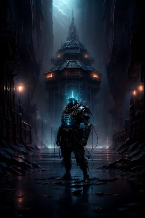 a technologically advanced and highly detailed ancient alien in a post-apocalyptic cityscape.