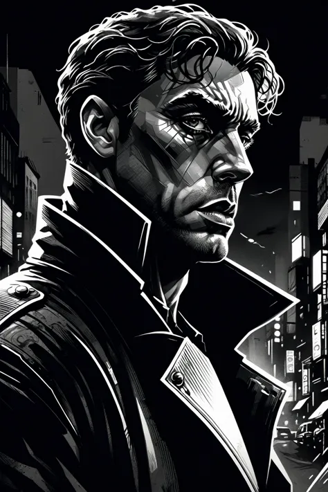 a close up of a person, drawn in a neo - noir style, drawn in a noir style, high contrast illustration, high contrast illustrati...