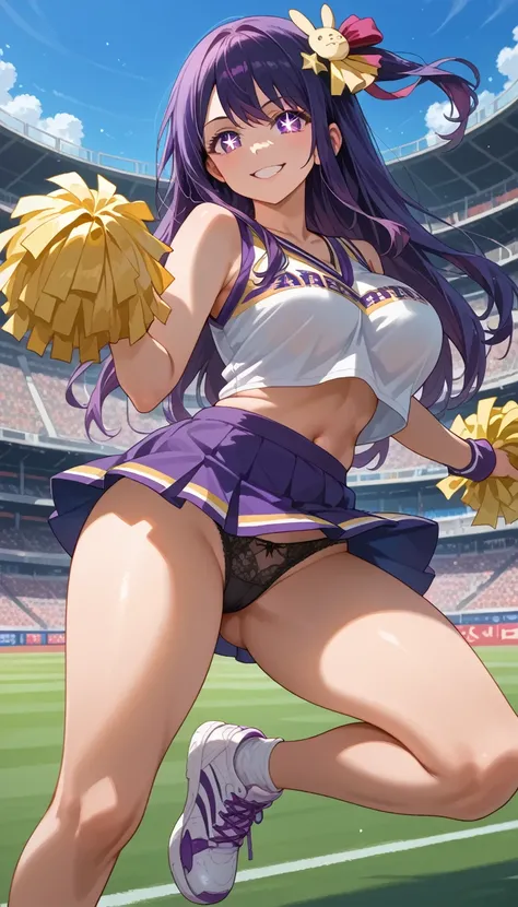 ultra-detailed, 1girl, hoshino ai (oshi no ko), ((masterpiece)), (best quality), (highres), 16K, perfect face, purple hair, purple eyes, long hair, star-shaped pupils, sidelocks, hair ornament, star hair ornament, cheerleader shirt, miniskirt, black pantie...