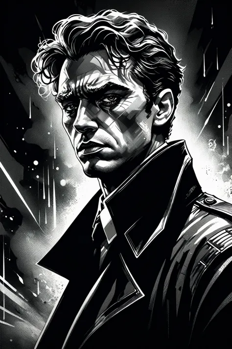 a close up of a person, drawn in a neo - noir style, drawn in a noir style, high contrast illustration, high contrast illustrati...