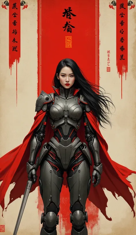 ((Ana de Armas)) Create a dark cyberpunk-samurai illustration in a traditional Japanese ink painting style. Feature a stoic Asian female warrior with long flowing black hair and bold red lipstick, wearing an intricate mechanical armor that blends feudal sa...