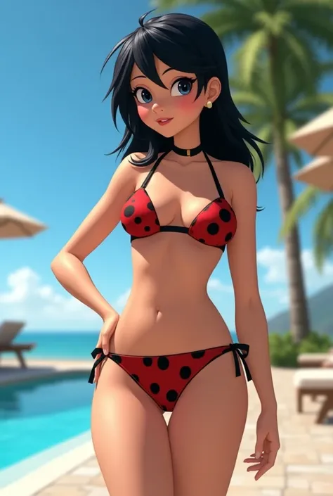 Draw Marinette Dupancheng from Miraculous Ladybug in high quality now wearing a bikini that shows full body 