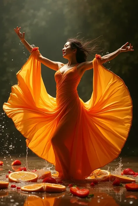 Best angle shot,relistic photo, (long exposure effect,moving effect,slow motion effect).
Surealism photo manipulation, a beautiful indonesian woman dinamic dance like a professional model merge with slince of an orange and strawberry, looking forward, milk...