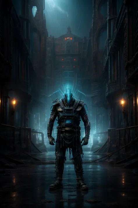 a technologically advanced and highly detailed ancient alien in a post-apocalyptic cityscape.portr