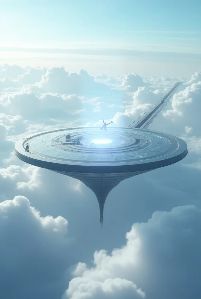  A portal center on top of a huge, floating platform in the sky amidst the clouds,  with a bridge connecting to the outside .  next to the portal ,  a small high-tech machine with holograms , It is located . 