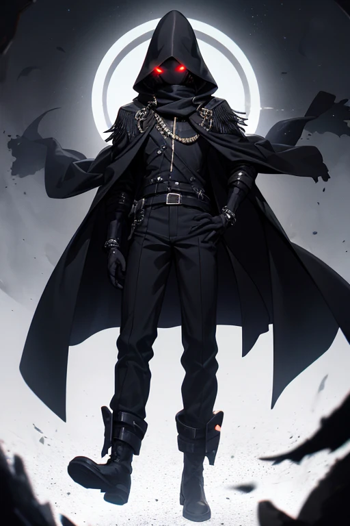 ((best quality)), ((masterpiece)), (detailed), 1 boy, full body, 2, young adult, long black scarf, bandage covering mouth, glowing eyes, 1 scratch on right eye, hood black, black skin, messy hair, black coat, loose sleeves, tall, thin, white zigzag marking...