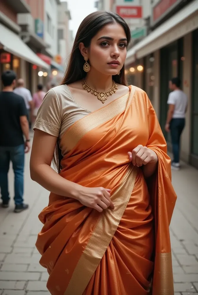 indian woman, silk saree, blouse, vale, jewellery, lifting long bulky saree, pussy visible