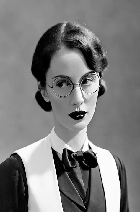 black hair ponytail, round glasses, red lipstick, 1930's adventure clothing, black tie, white vest, serious expression, closed m...