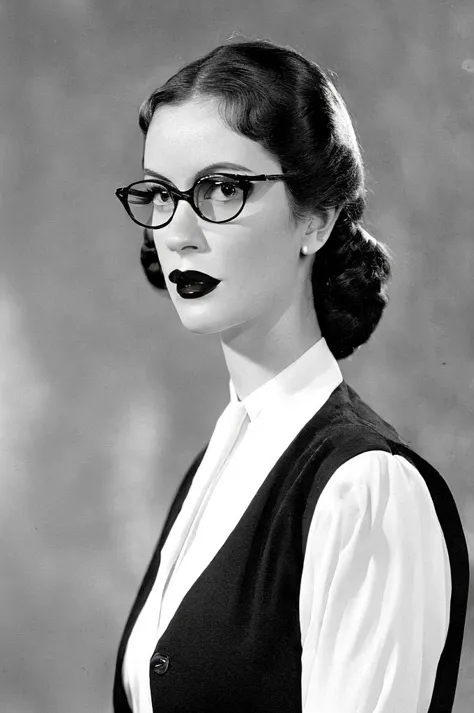 black hair ponytail, round glasses, red lipstick, 1930's adventure clothing, black tie, white vest, serious expression, closed m...