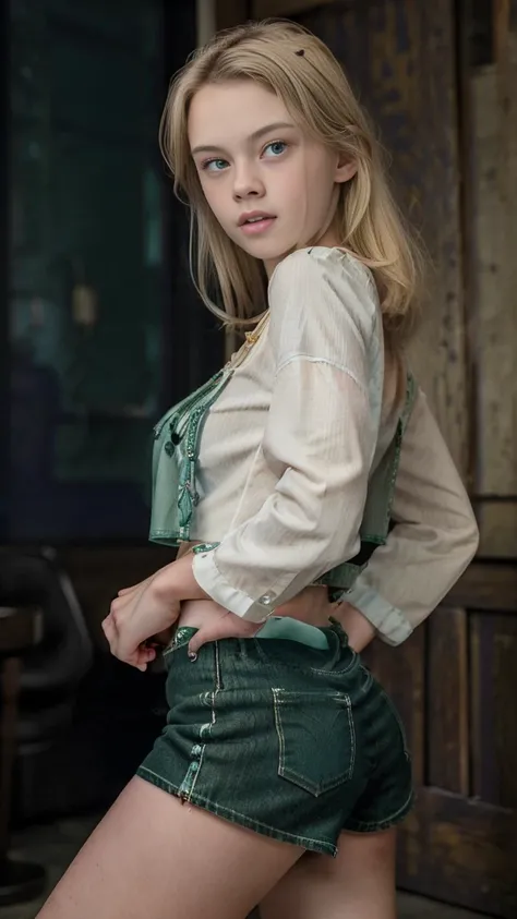 (The best quality,  High resolution , Masutepiece:1.2),  Angourie Rice , ultra-detailed, realistic:1.37, ( Perfect Anatomy ),1 girl in, cowboy shot,  Cute and beautiful 18 year old girl, blonde, Green eyes, Big tits, dance in a strip club, club dancer clot...