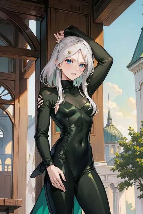 ((green eyes)). 1girl, solo, teenager, ((white hair)), ((green eyes)), pants, long sleeves, pointed ears. ((black clothes))