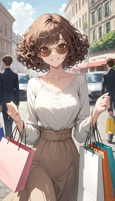 short hair,curly brown hair,brown eyes,smile,expressive,model,rich,shopping bags,expensive,sunglass