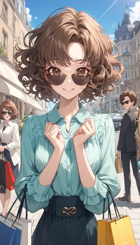 short hair,curly brown hair,brown eyes,smile,expressive,model,rich,shopping bags,expensive,sunglass