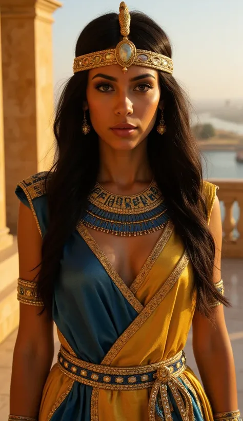 Create a breathtaking, ultra-detailed portrait of Cleopatra, the iconic Queen of Egypt, radiating an aura of divine beauty and supreme power. Her striking, flawless face is framed by cascading black hair, adorned with a golden serpent crown and jeweled hea...