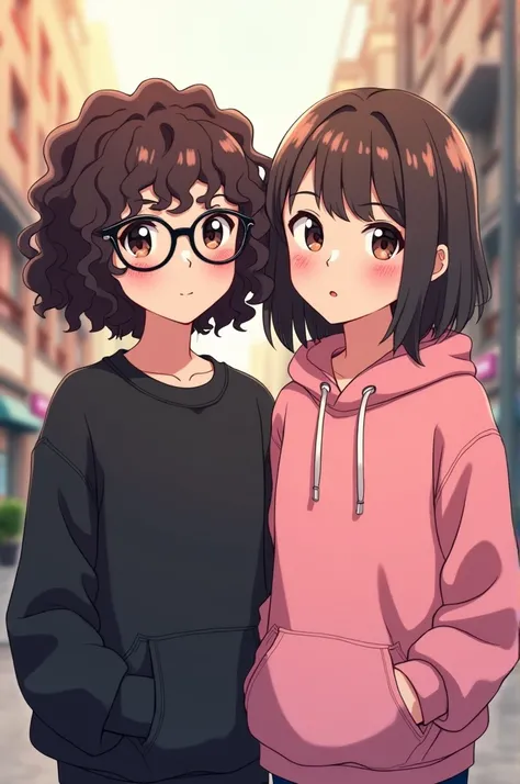 White best friends one short with curly hair on her shoulder and wearing a black sweatshirt wearing glasses and the other without glasses tall tall with straight hair wearing a pink hoodie in anime version 