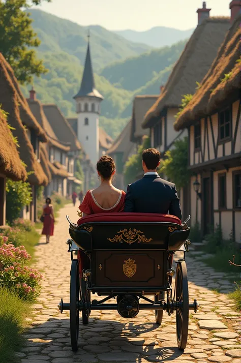 Un couple en calèche arrive dans un hameau sir une route pavée 