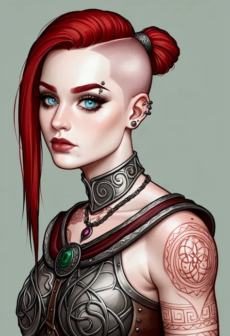 1 young and beautiful white gaullish girl, mystical medieval witch, pale skin, celtic tattoos, ((shaved hair + fringe + ponytail...