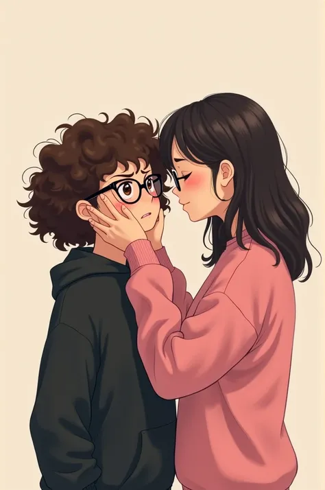  Cute white best friends a short girl with curly hair on her shoulder and wearing a black sweatshirt wearing glasses with a thin frame angry because her friend is squeezing the cheek of .And the other one without glasses tall with straight hair wearing a p...