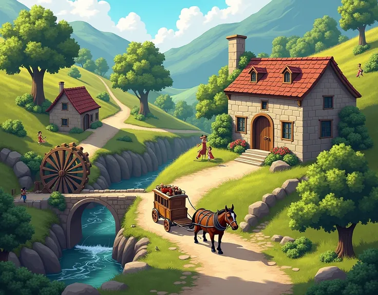 A wide path ,  a stone wall , A horse harnessed to a caryol heads for a stone inn, a small house ,  a mill with a wooden water wheel, trees ,  three shrubs ,  a stone wall , A small bridge 