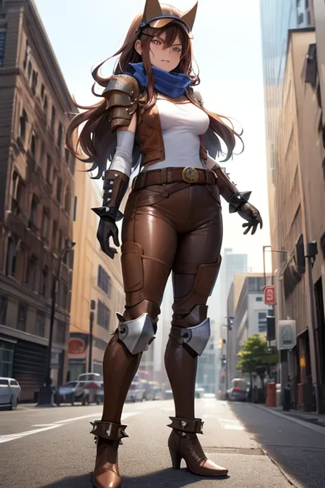 ((best quality)), ((masterpiece)), (detailed), 1 girl, full body, 20s, young adult, brown vintage aviator helmet, spiked helmet, large goggles, angry face, long blue scarf, wavy brown hair with a lock, brown collar, somewhat short, very thin, Big Goggles, ...