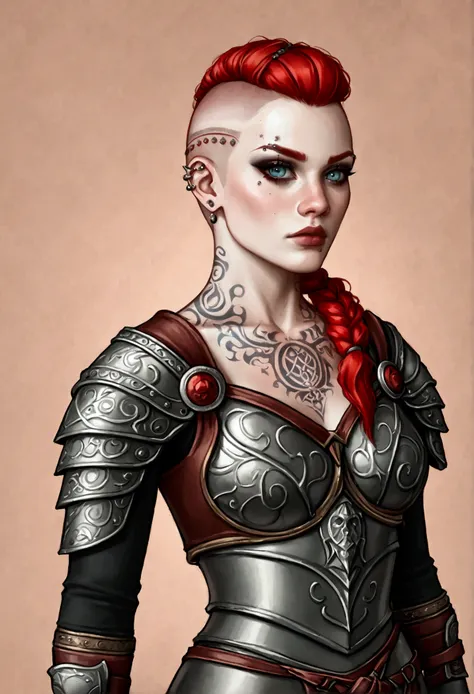 1 young and beautiful white gaullish girl, mystical medieval witch (warrior), pale skin, celtic tattoos, ((shaved hair + fringe ...