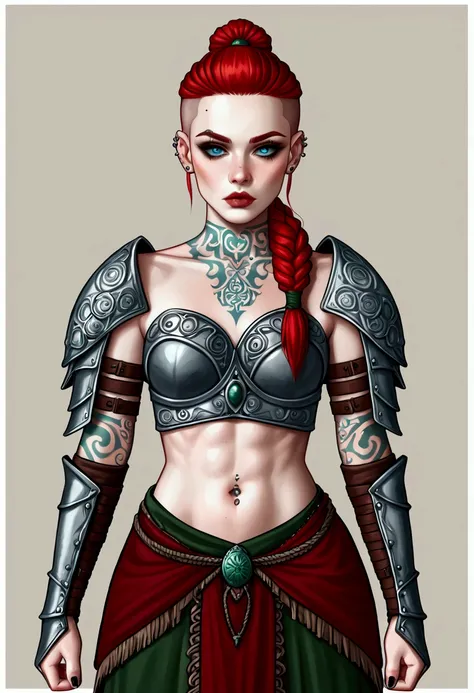 1 young and beautiful white gaullish girl, mystical medieval witch (warrior), pale skin, celtic tattoos, ((shaved hair + fringe ...