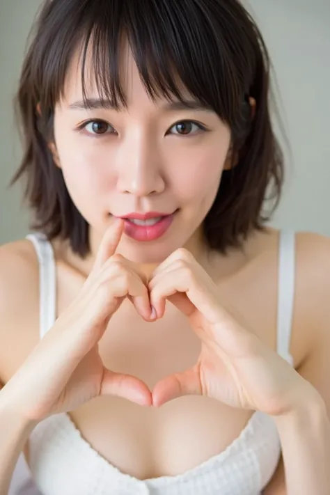 She is in a pose wearing a sexy camisole, making a firm big heart shape with both hands, and holding it in front of her chest, Close-up of a smiling face

