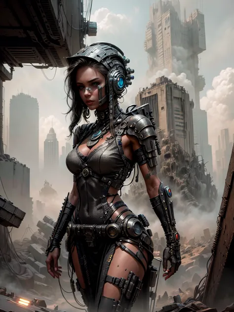 a highly detailed, technologically advanced ancient alien woman in a post-apocalyptic cityscape, intricate futuristic details, e...