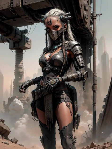 a highly detailed, technologically advanced ancient alien woman in a post-apocalyptic cityscape, intricate futuristic details, e...