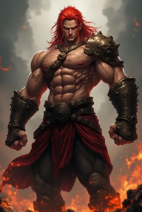 Anime style, built figure, adult male, muscular, long red hair, crimson eyes, battle scars on body, wears gladiator mix with viking clothing, has 2 giant fist gauntlets on his hands